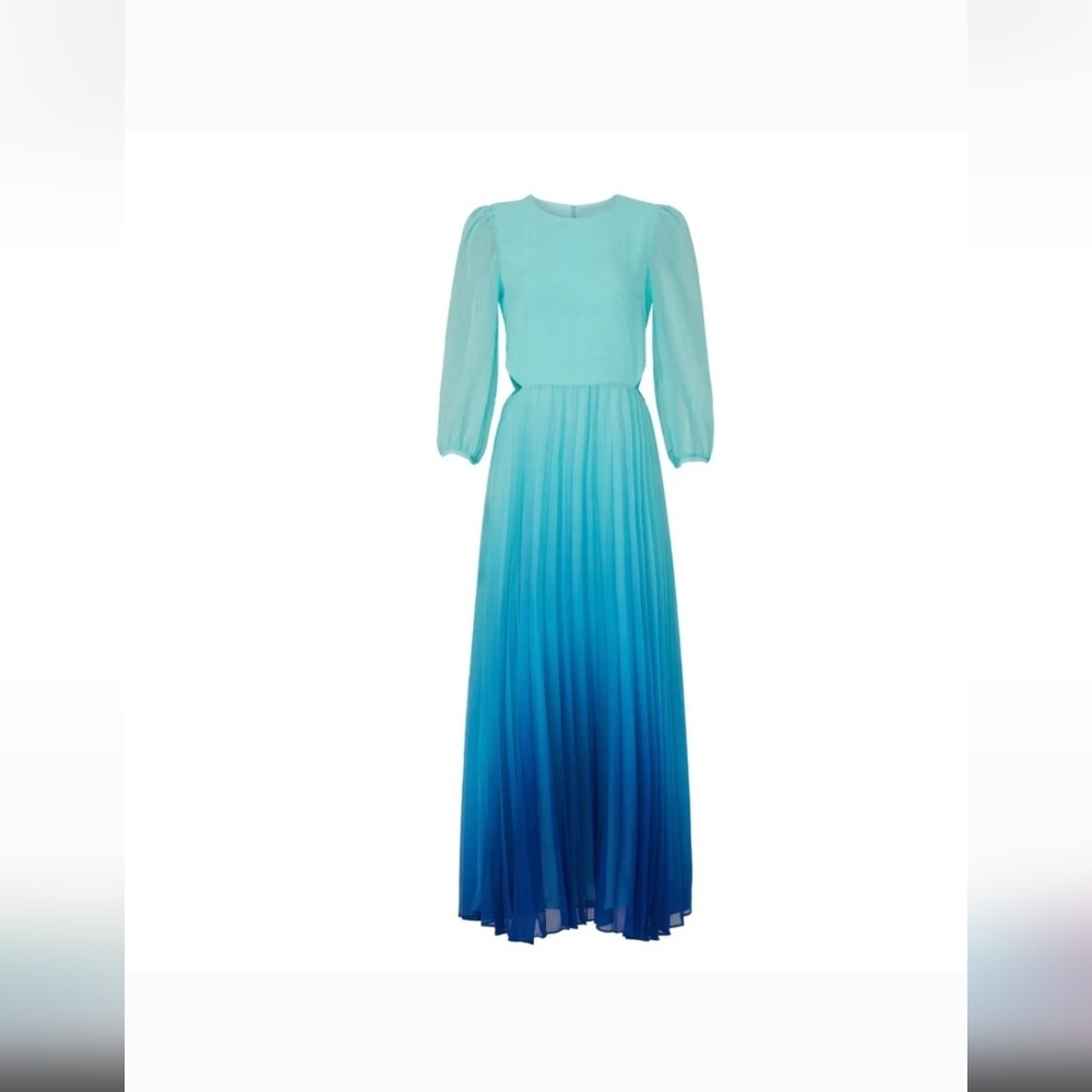 Rachel Roy Blue Fade Long Sleeve Dress With Curve Neckline Maxi Pleated Skirt - Picture 6 of 11